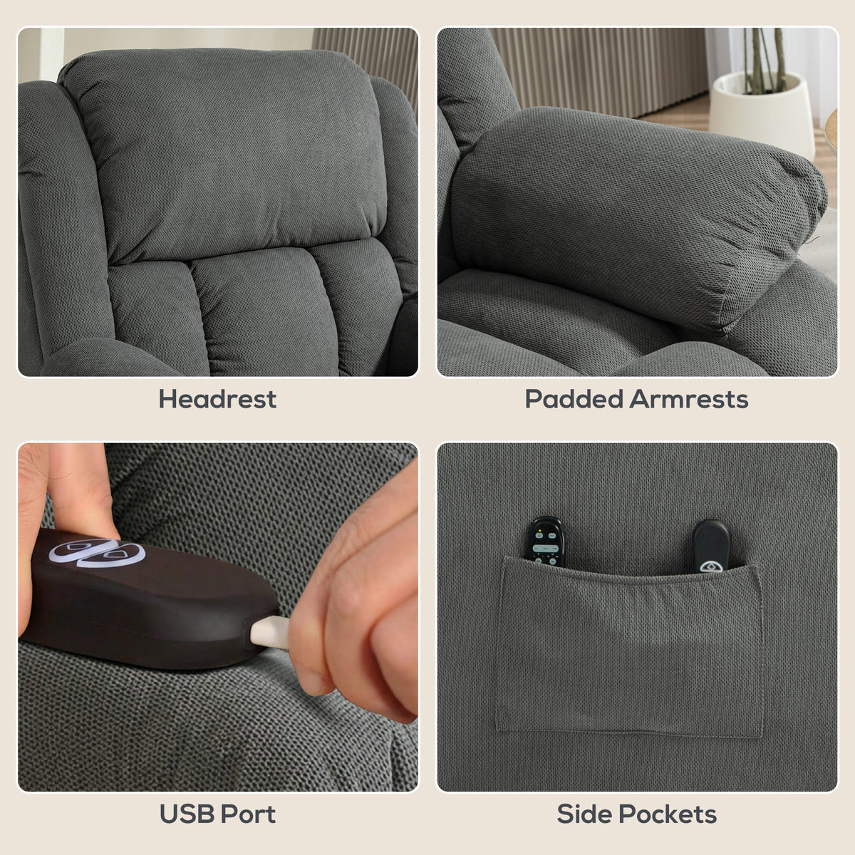 Recliner Armchair Lift Chair, Electric Recliner Chair with Vibration Massage and Heat, Wide Seat, USB Port, Grey