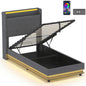 3ft Single Bed Frame with Headboard, Platform Bed Frame with Hydraulic Storage, LED Lights and Charging Station, Grey