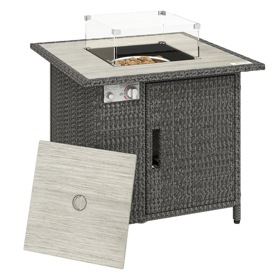 14.5 KW Rattan Gas Fire Pit Dining Table with Rain Cover, Wind Guard, Lid, Lava Rocks