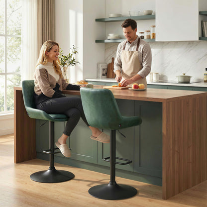 Retro Bar Stools Set of 2, Adjustable Kitchen Stool, Upholstered Bar Chairs with Back, Swivel Seat, Green