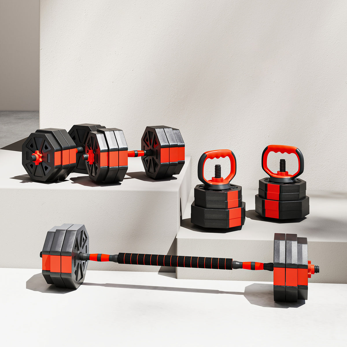 6-in-1 Adjustable Weight Dumbbells Set, Used as Kettlebell, Barbell, Dumbbell, Push-Up Stand, 30kg Free Weights Set for Men and Women Home Gym Training, Red
