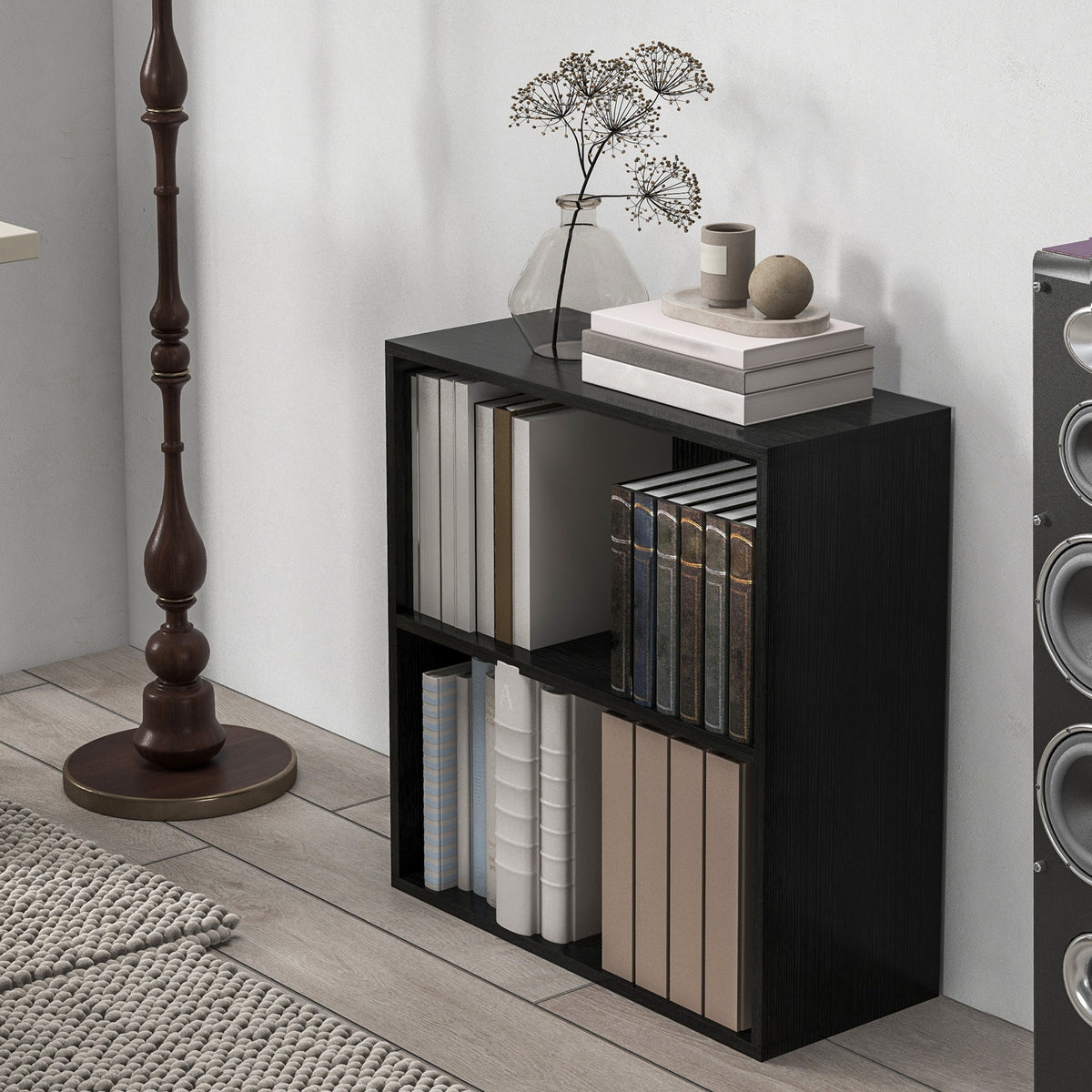 2 Tier Bookshelf, Low Bookcase with Adjustable Shelf, 2 Compartments for Home Office, Living Room, Study