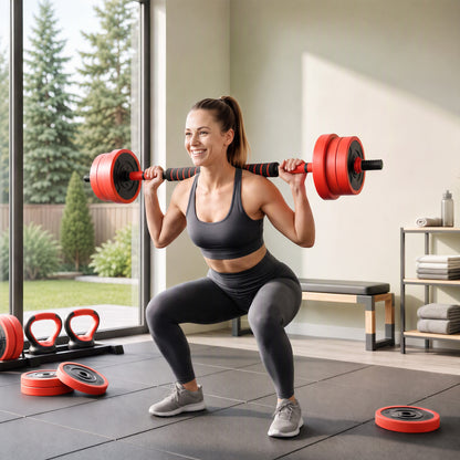 20kg 6-In-One Adjustable Weight Dumbbells Set, Barbell, Kettlebell, Push Up Stand - Red