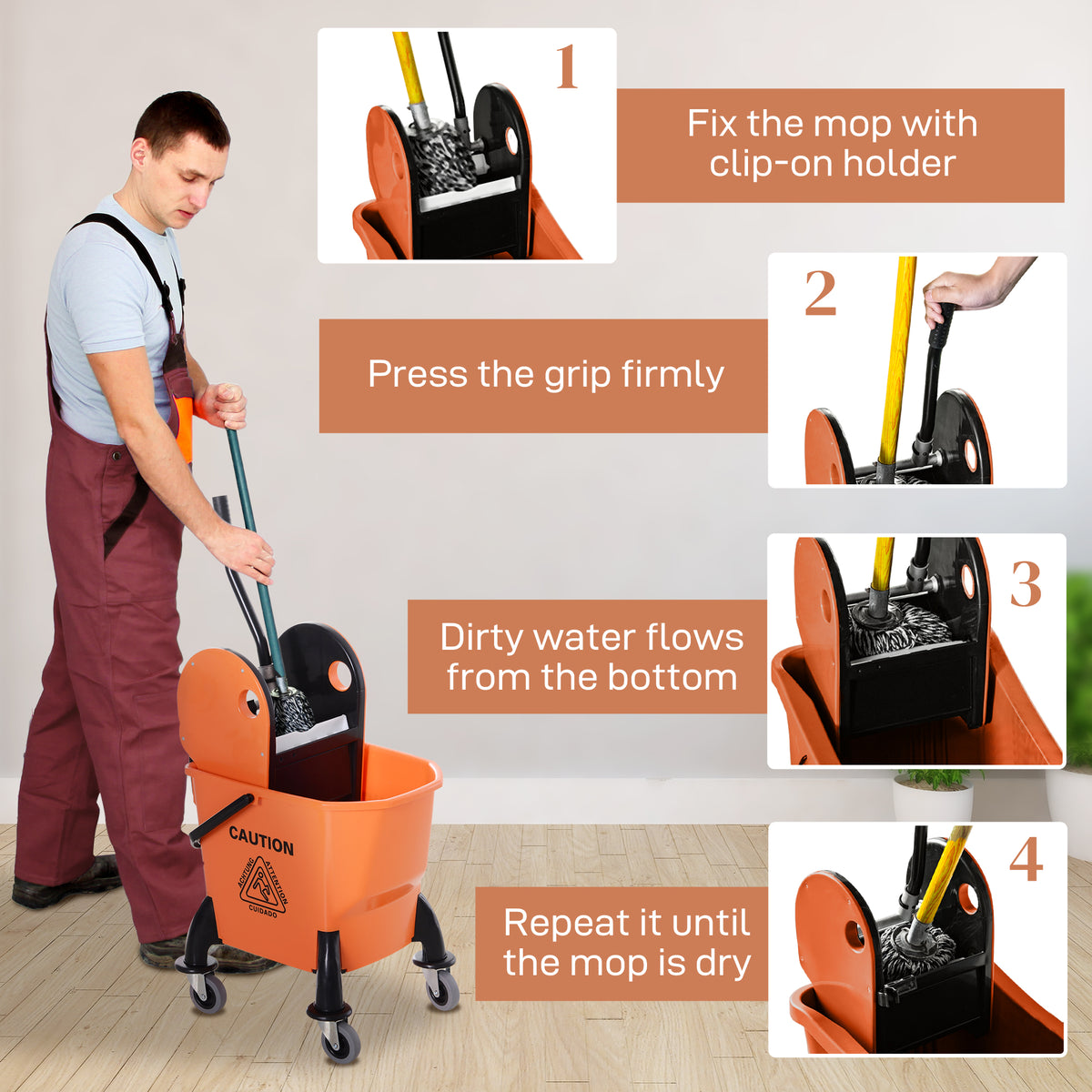 25L Mop Bucket, with Wringer, Wheels and Handle - Orange