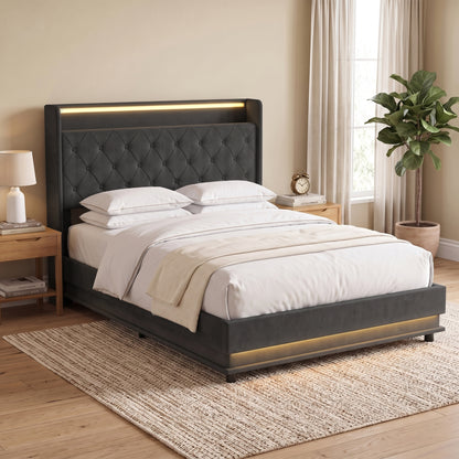 4ft6 Double Bed Frame with Headboard, Platform Bed Frame with Hydraulic Storage, LED Lights and Charging Station, Black