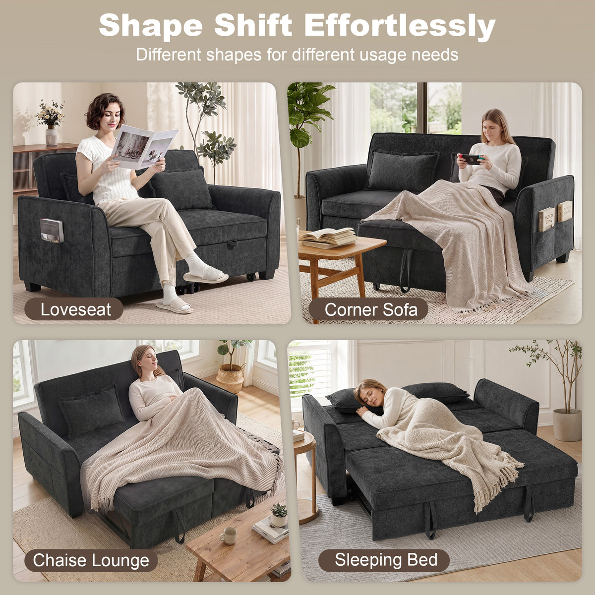 2 Seater Sofa Bed, 4-in-1 L-Shaped Convertible Pull-Out Sleeper Sofa with Adjustable Backrest and Side Pockets