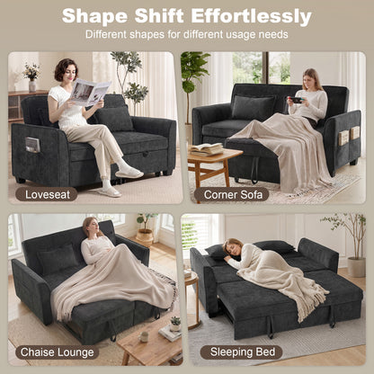 2 Seater Sofa Bed, 4-in-1 L-Shaped Convertible Pull-Out Sleeper Sofa with Adjustable Backrest and Side Pockets