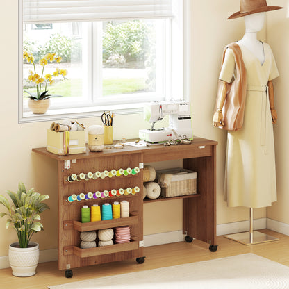 Folding Sewing Table, Rolling Craft Table with Storage compartments, Shelf and Lockable Casters for Small Spaces
