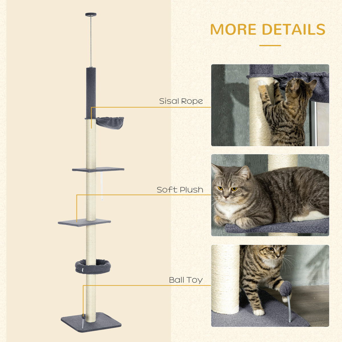 240-270cm Floor-To-Ceiling Cat Tree, 5 Tier Cat Climbing Tower, with Bed, Hammock, Platforms, Dark Grey and Cream