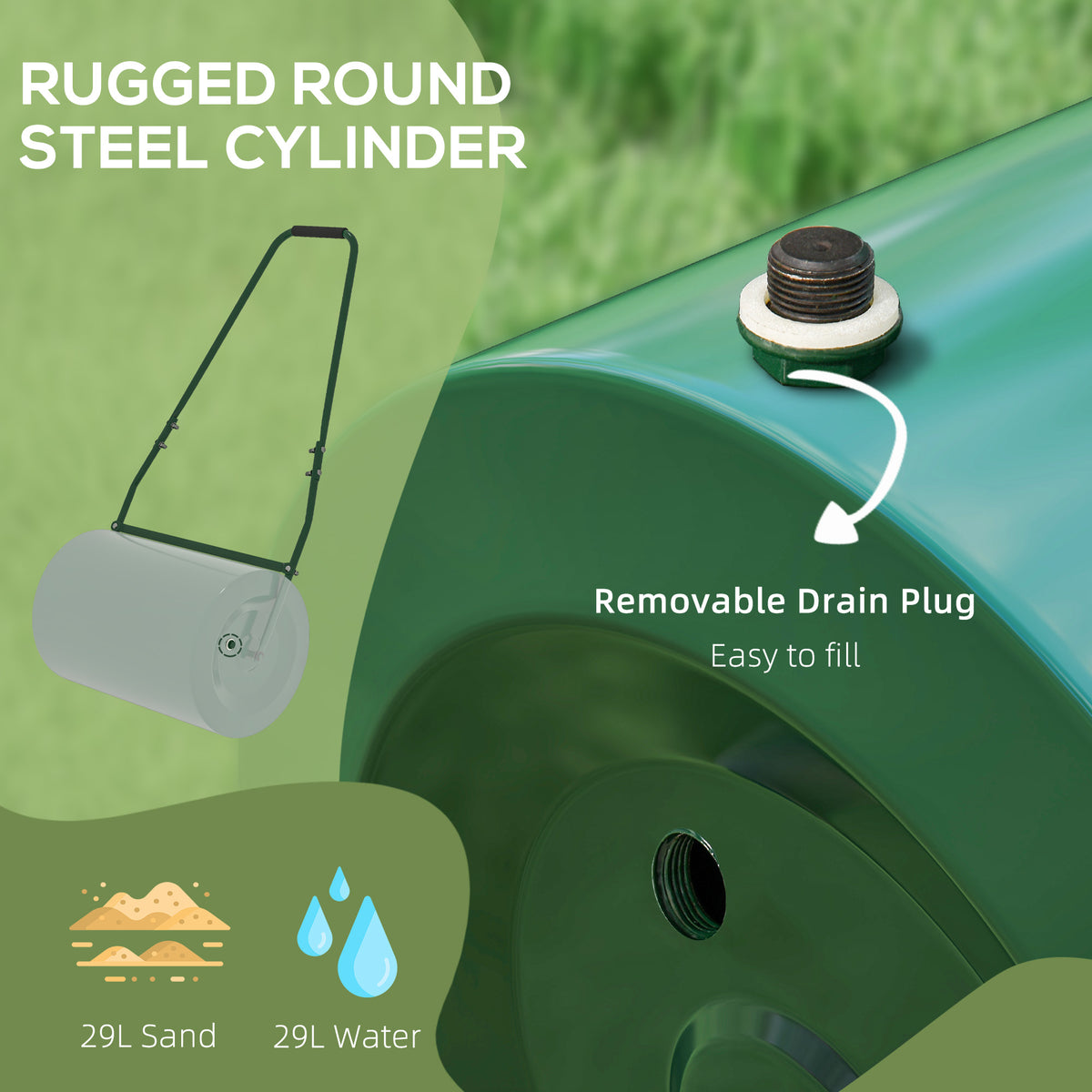 63 L Garden Lawn Roller with Water/Sand Filled Drum, Heavy Duty Steel Lawn Push Rolling Tool for Grass Seeding, Soil Levelling, Dark Green