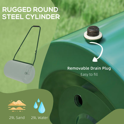 63 L Garden Lawn Roller with Water/Sand Filled Drum, Heavy Duty Steel Lawn Push Rolling Tool for Grass Seeding, Soil Levelling, Dark Green