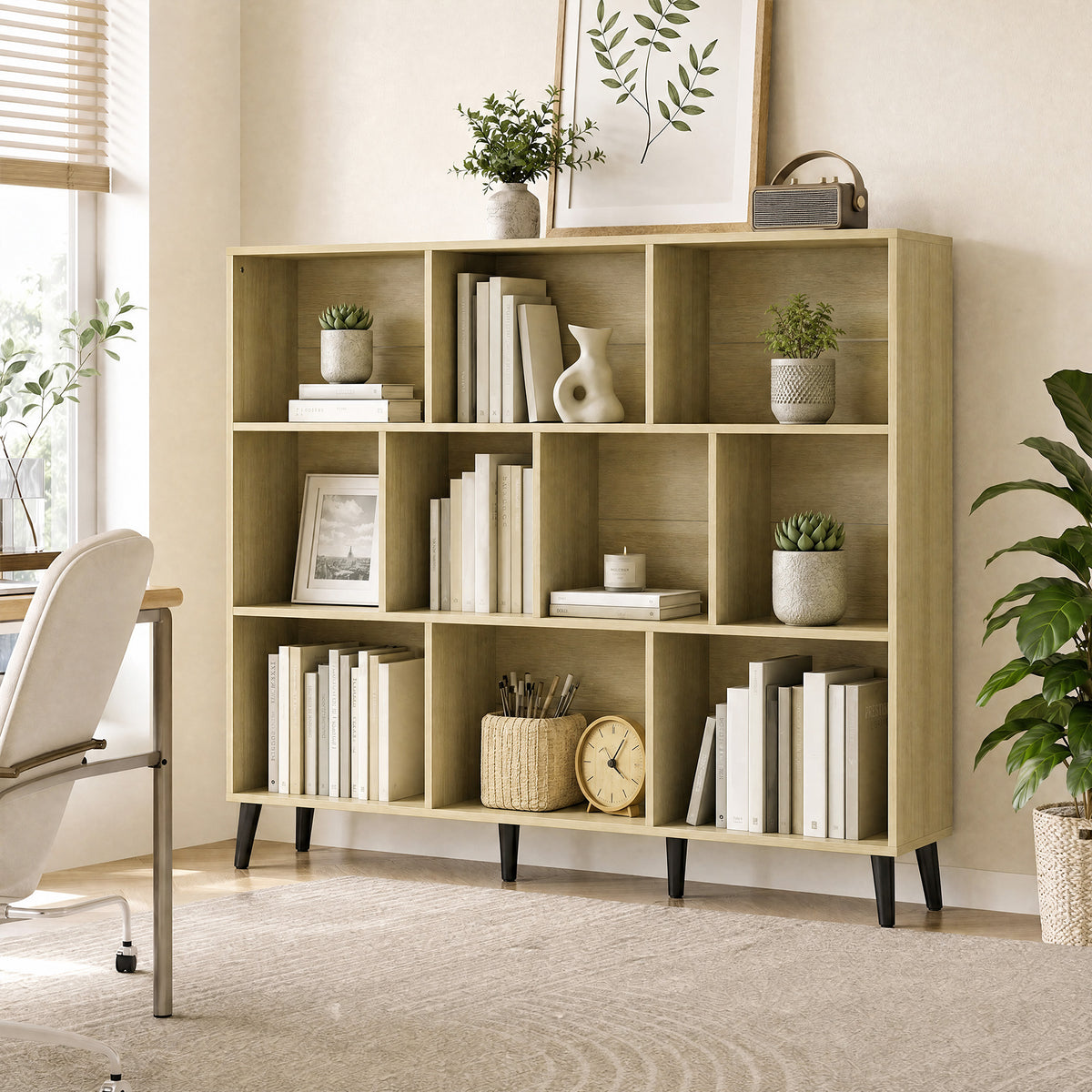 10-Cube Bookcase, 3-Tier Book Shelf with Solid Wood Legs, 140 cm Modern Bookshelf with Anti-Tip Kit