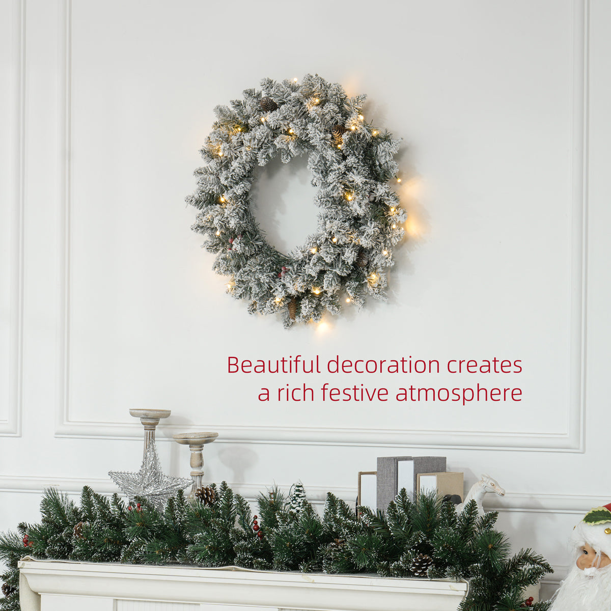 60" Snowy Pine Cone and Berry Christmas Wreath, with LED Lights