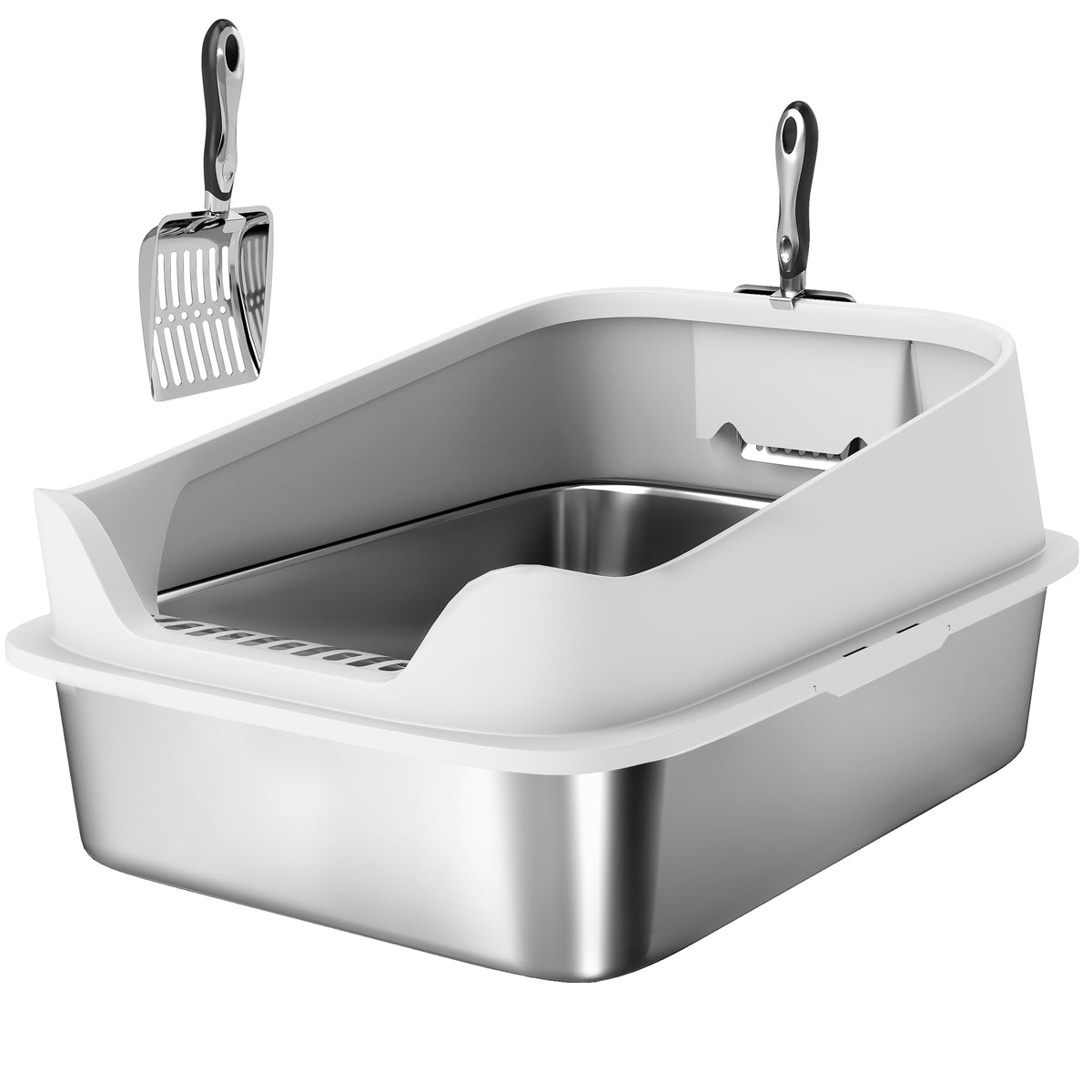 XL Stainless Steel Cat Litter Box with High Sides, Metal Scoop, 60 x 40 x 30 cm