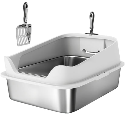 XL Stainless Steel Cat Litter Box with High Sides, Metal Scoop, 60 x 40 x 30 cm