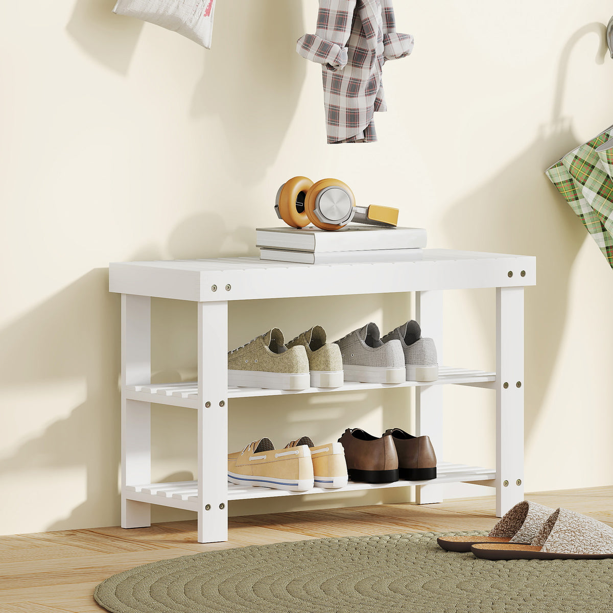 Two Shelf Bamboo Shoe Storage Bench - White