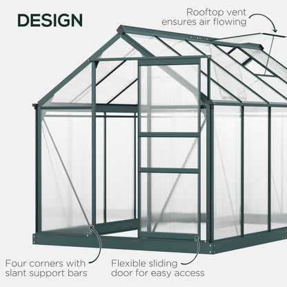 6 x 10ft Polycarbonate Greenhouse, Large Walk-In Green House with Slide Door and Window, Garden Plants Grow House with Aluminium Frame and Foundation, Dark Green