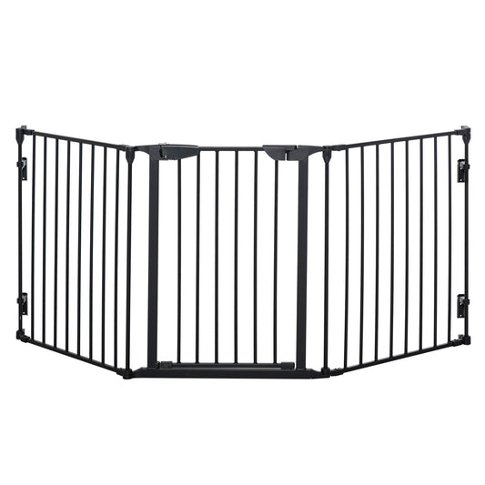 Pet Safety Gate, 3 Panels Playpen Fireplace, Foldable Metal Fence, Stair Barrier, Room Divider, Fire Guard w/ Automatic Closing Door, Black