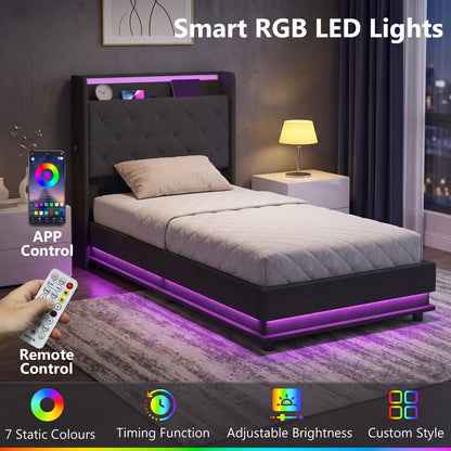 3ft Single Bed Frame with Headboard, Platform Bed Frame with Hydraulic Storage, LED Lights and Charging Station, Black
