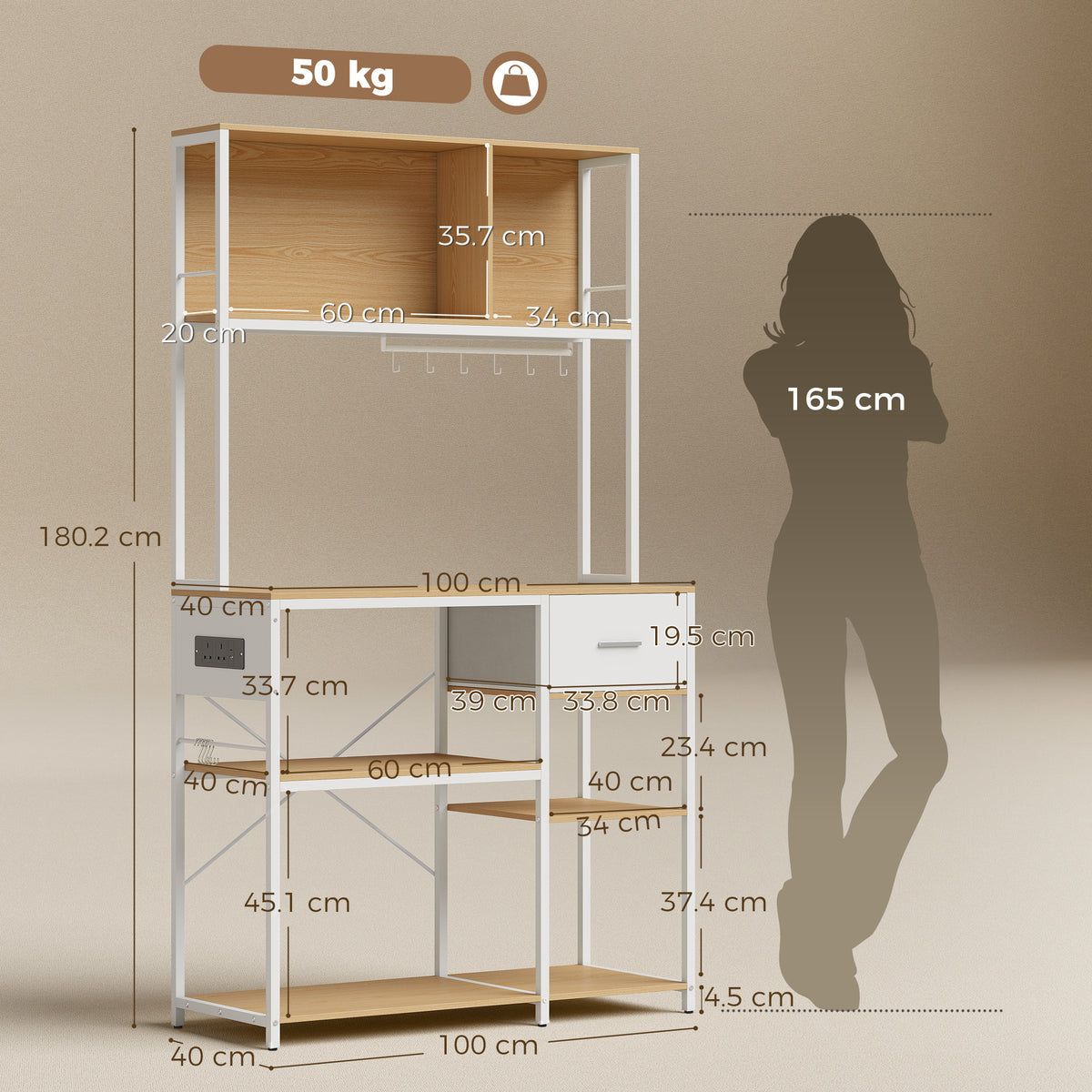 Kitchen Storage Rack with Power Outlet, USB and Type-C Ports, Drawer, Shelves and 4 Hooks, Oak and White