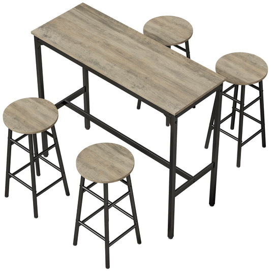 5 Piece Bar Table Set with 4 Stools, Industrial Bar Table and Stool Set, Dining Table and Chair Set, Grey