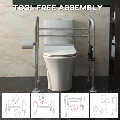 Free Standing Toilet Frame, Height and Width Adjustable Toilet Safety Frame with Arms, 2 Additional Suction Cups, Storage for Elderly, Disabled, Handrail Grab Bar, 136kg Weight Capacity