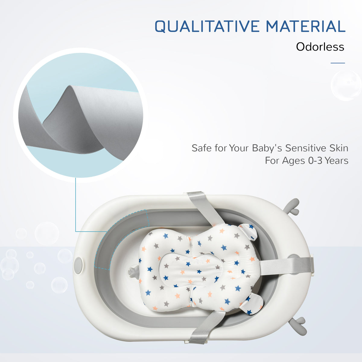 Foldable Baby Bathtub Set, Collapsible Bath Tub with Thermostatic Water Plug, Non-Slip Support, Cushion Pad, Drain Plugs, for Newborn to 3 Years - Offwhite