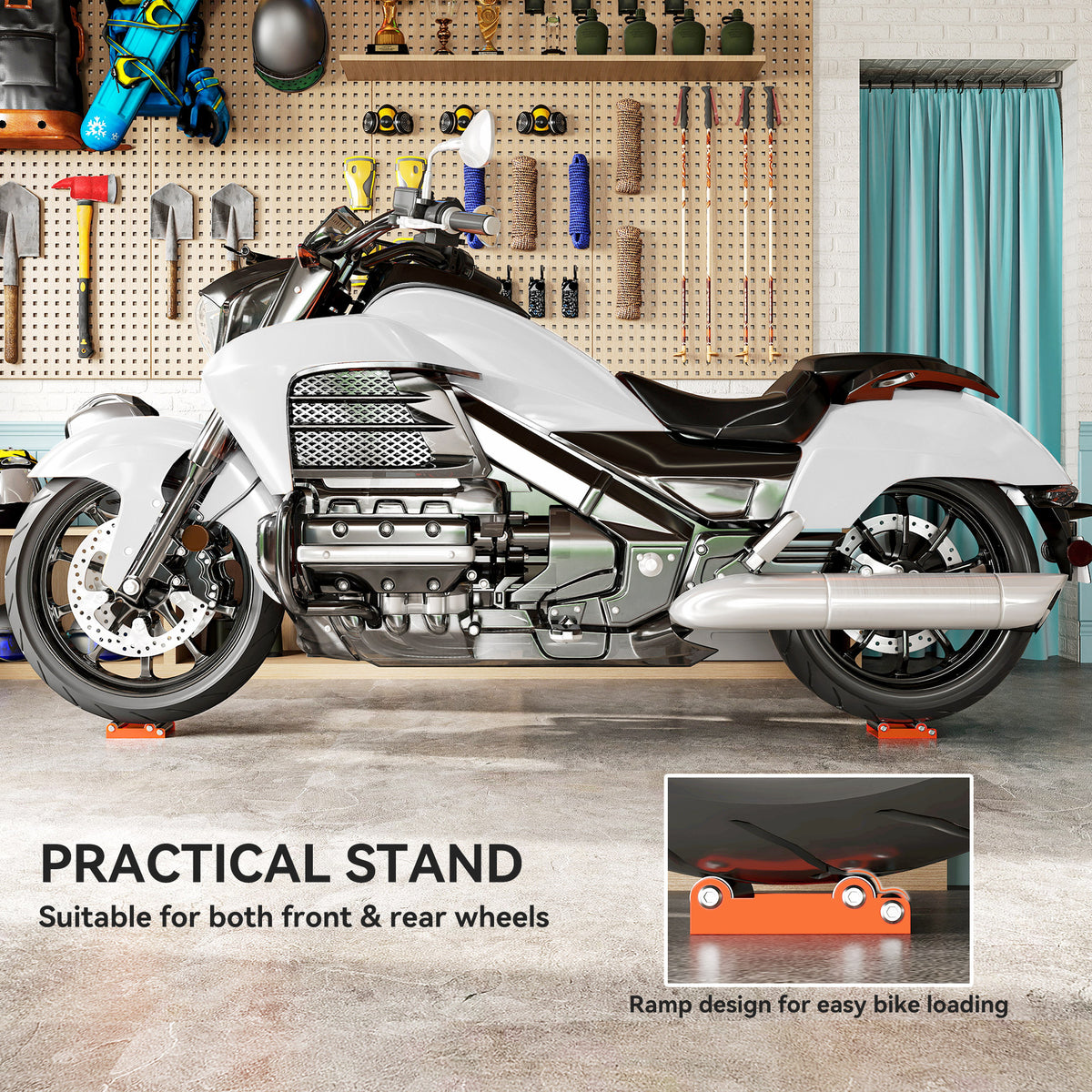 Motorcycle Wheel Cleaning Roller Stand with Steel Frame, Aluminium Rollers, Motorcycle Maintenance Stand for Tyre Cleaning and Chain Lubrication, Fit Tyre Width < 180mm, Bikes < 485lb, Orange
