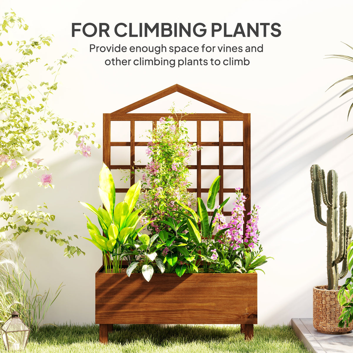 Garden Planters with Trellis for Vine Climbing, Distressed Wooden Raised Beds, 90x43x150cm, Brown