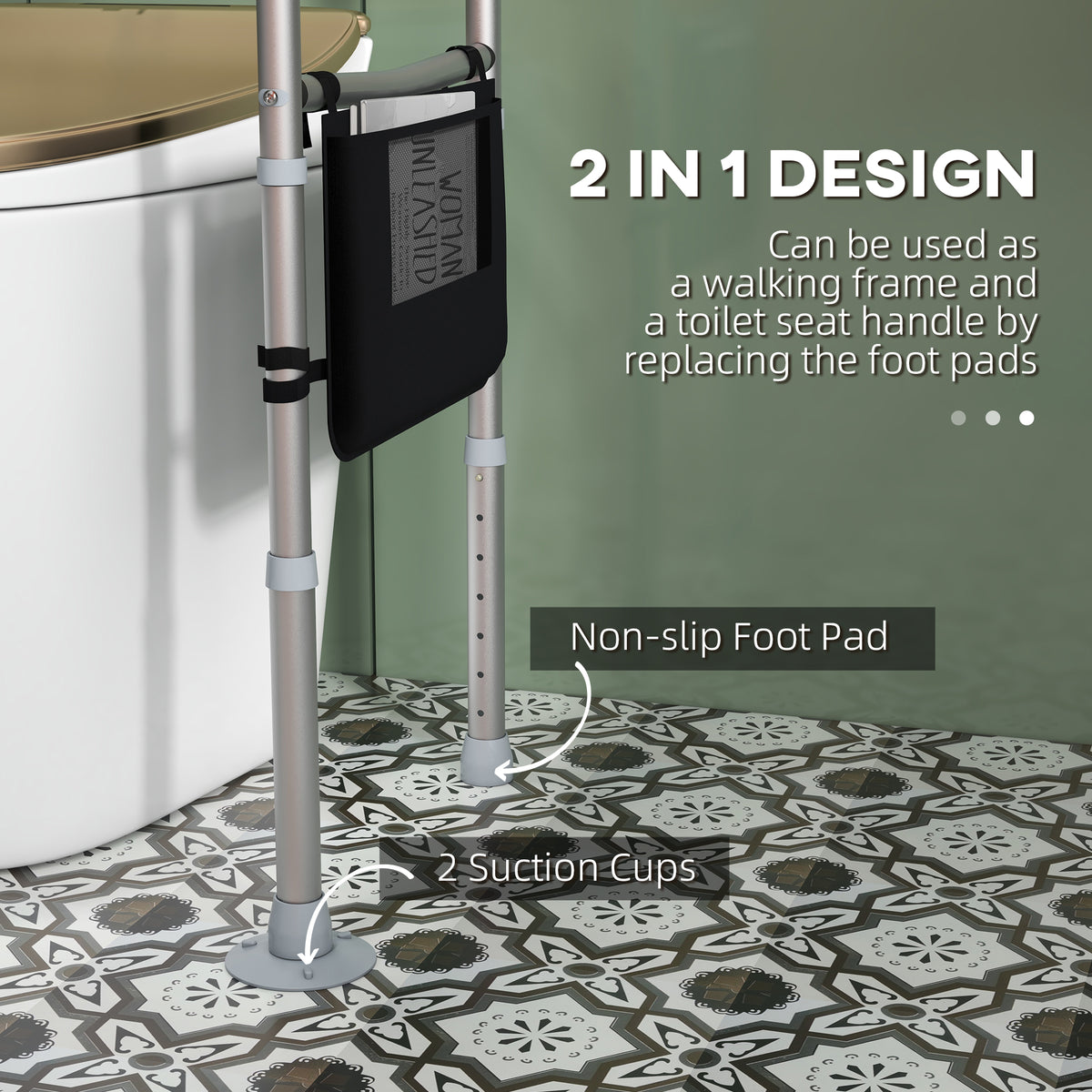 Free Standing Toilet Frame, Height and Width Adjustable Toilet Safety Frame with Arms, 2 Additional Suction Cups, Storage for Elderly, Disabled, Handrail Grab Bar, 136kg Weight Capacity