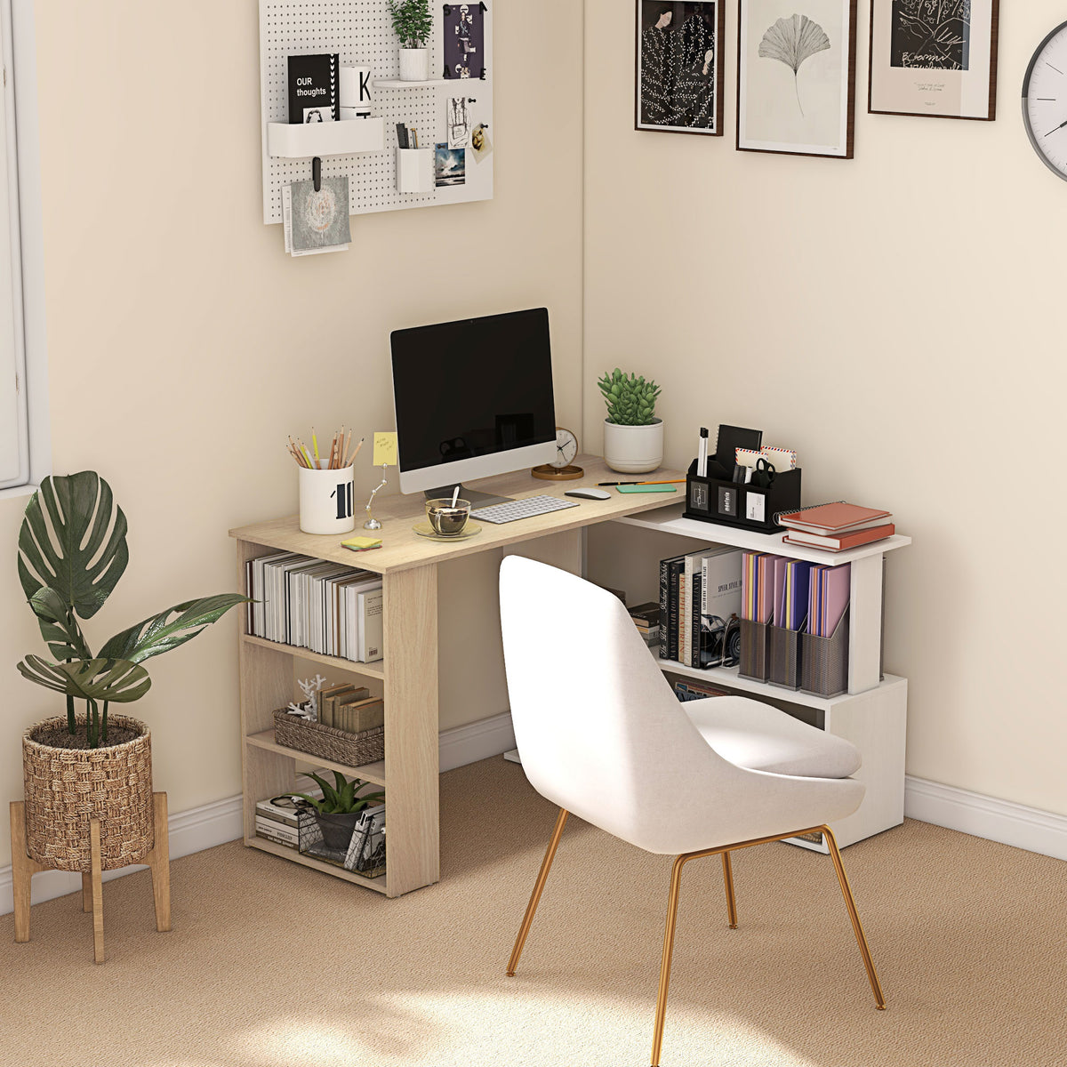Corner Computer Desk, L Shaped Desk with 360° Rotating Bookshelf, 120L x 110W x 74.5H cm