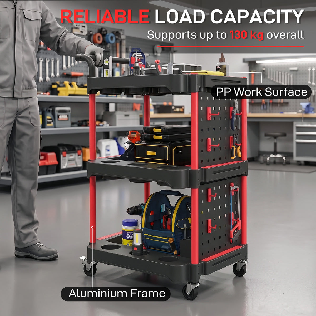 3-Tier Rolling Tool Cart with Pegboard and Hooks, Storage Trolley Wheel Cart with Brakes, Black & Red