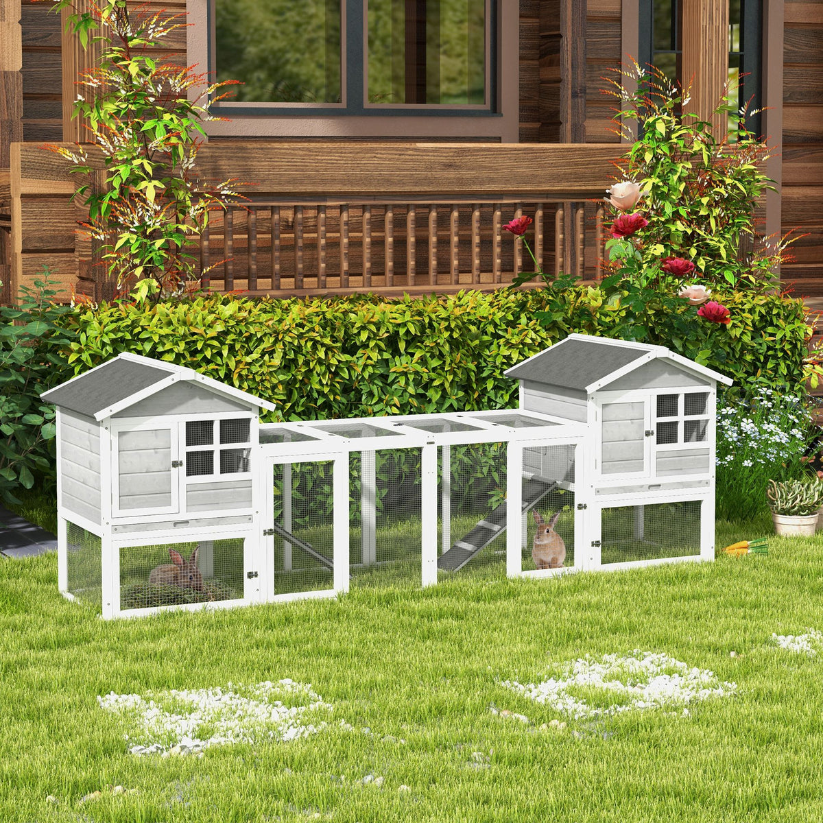 2 in 1 Rabbit Hutch Outdoor Guinea Pig Hutch Bunny Run Double Main House with Run, No-Leak Tray 259 x 64 x 92cm, Grey