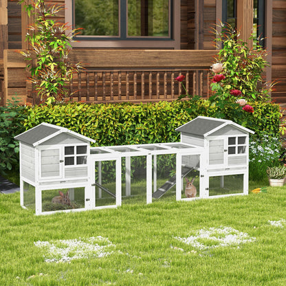 2 in 1 Rabbit Hutch Outdoor Guinea Pig Hutch Bunny Run Double Main House with Run, No-Leak Tray 259 x 64 x 92cm, Grey