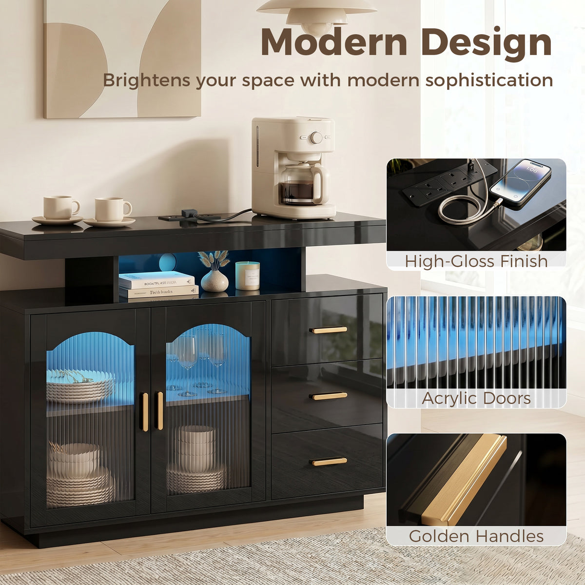 High Gloss Sideboard with LED Lights, Built-in Power Outlets, 3 Drawers, Shelves and 2 Acrylic Doors