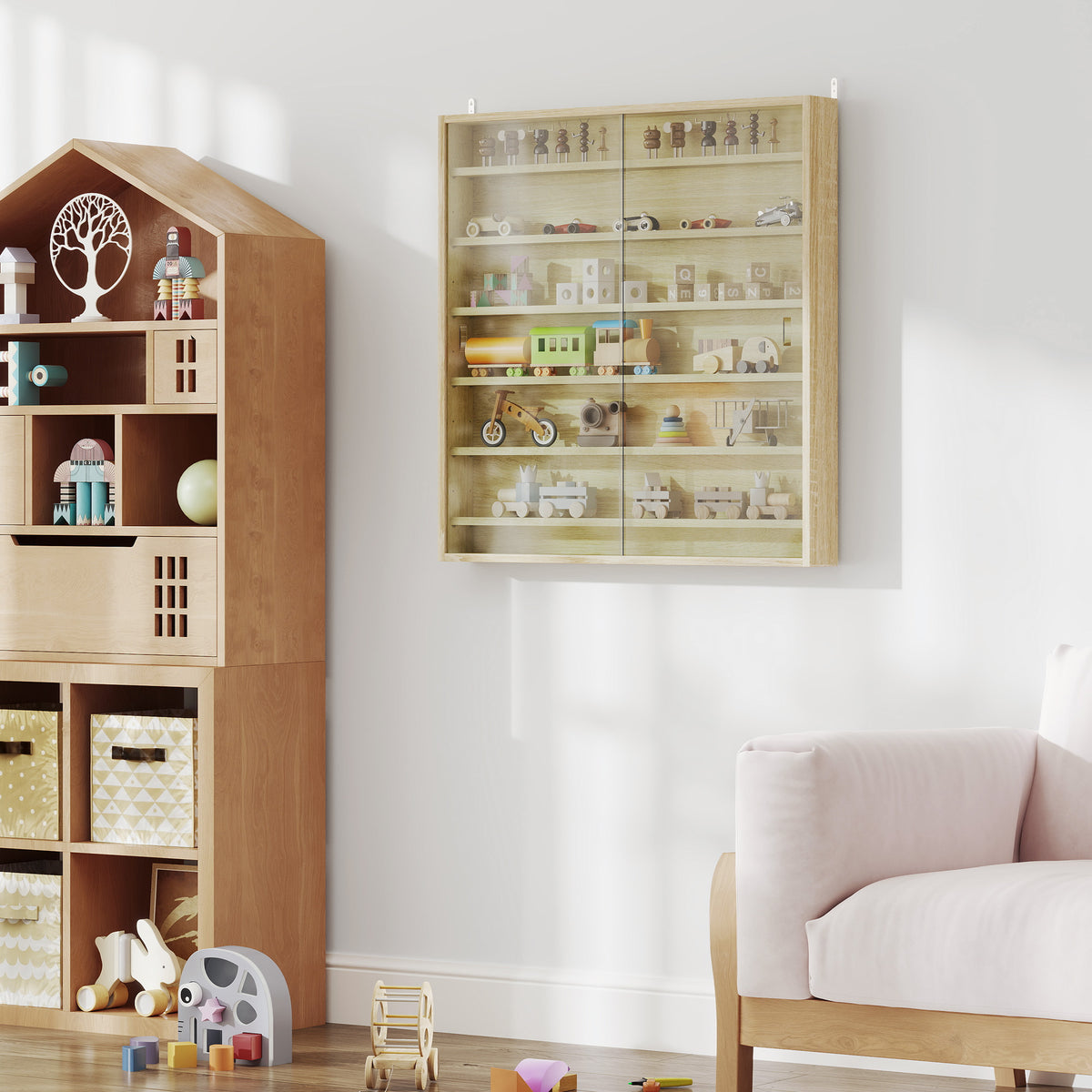 Six Shelf Display Cabinet, with Glass Doors - Oak
