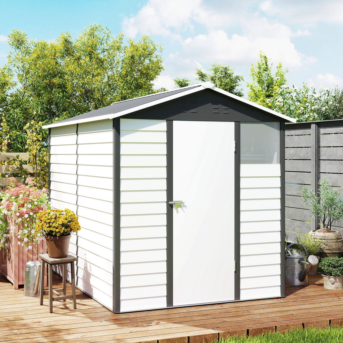 9x 6FT Metal Outdoor Garden Shed, Galvanised Tool Storage Shed w/ Sloped Roof, Lockable Door for Patio Lawn