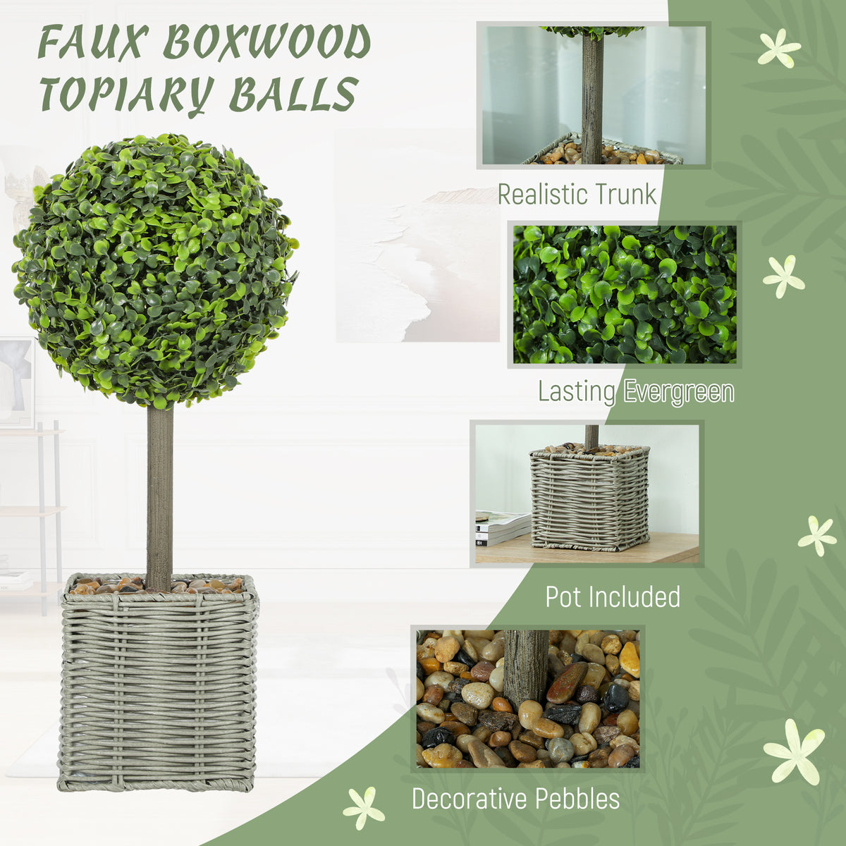 Set of 2 Decorative Artificial Plants, 50cm Faux Boxwood Topiary Balls with Woven Plastic Pot and Pebbles, Fake Plants for Home or Office Decor, Green