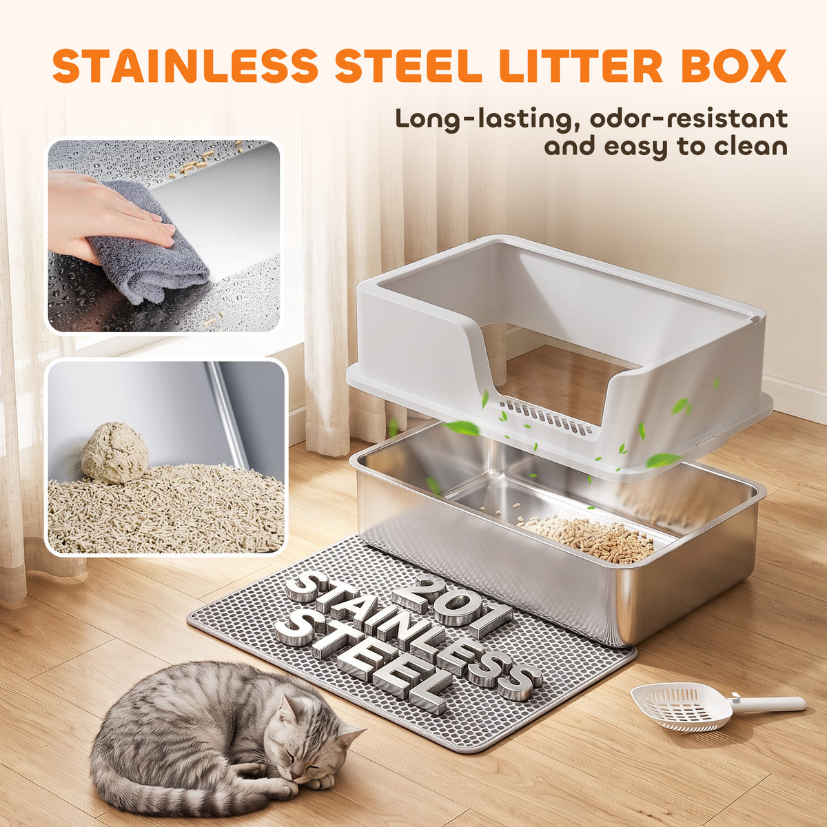 XL Stainless Steel Cat Litter Tray with Lid, High Sided Cat Litter Box with Scoop and Mat, Light Grey