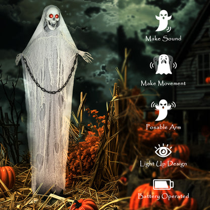 183 cm Life Size Halloween Animated Skeleton Grim Reaper with Glowing LED Eyes, Scary Halloween Decorations, Battery Operated, Indoor Party Props
