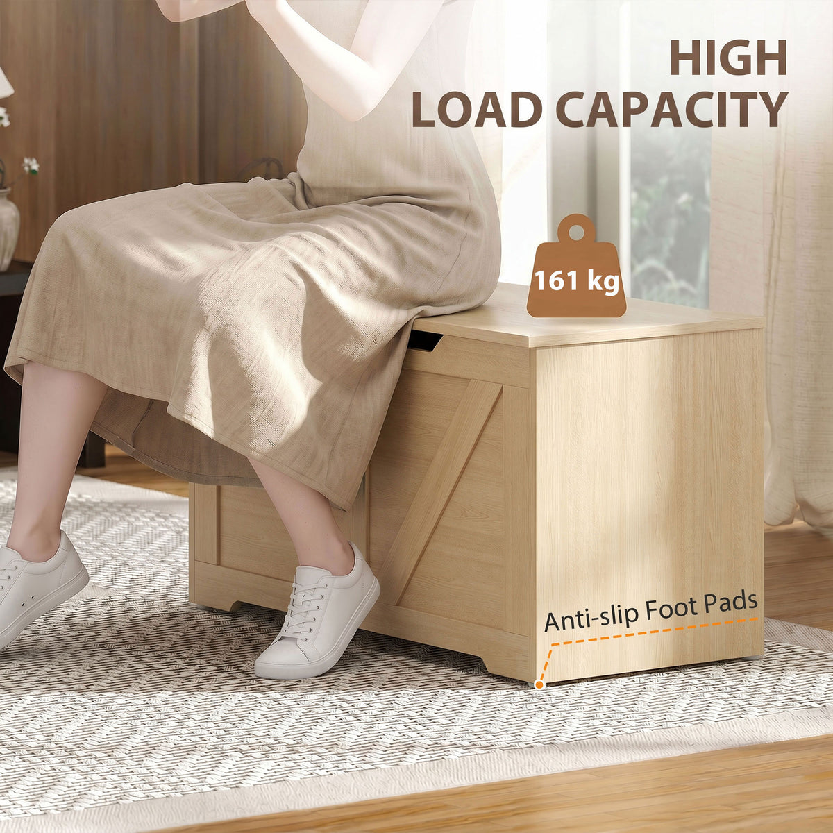100L Home Storage Box, with Safety Hinge - Nature Wood Finish