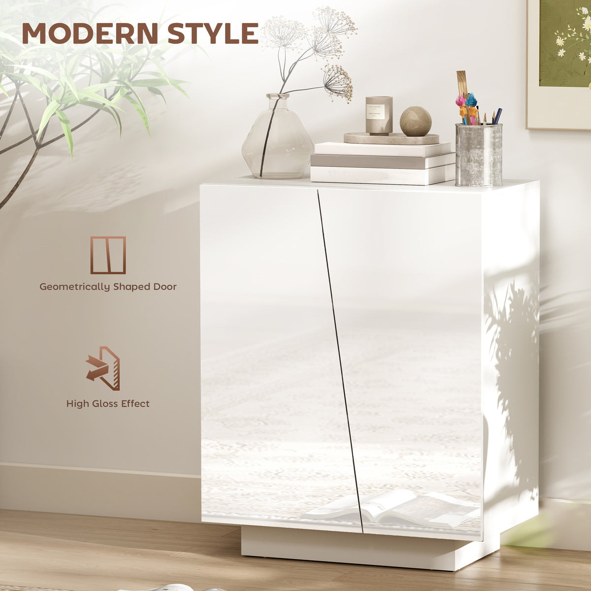 High Gloss Storage Cabinet, Freestanding Storage Cupboard with Adjustable Shelves for Living Room, Bedroom, Hallway, White
