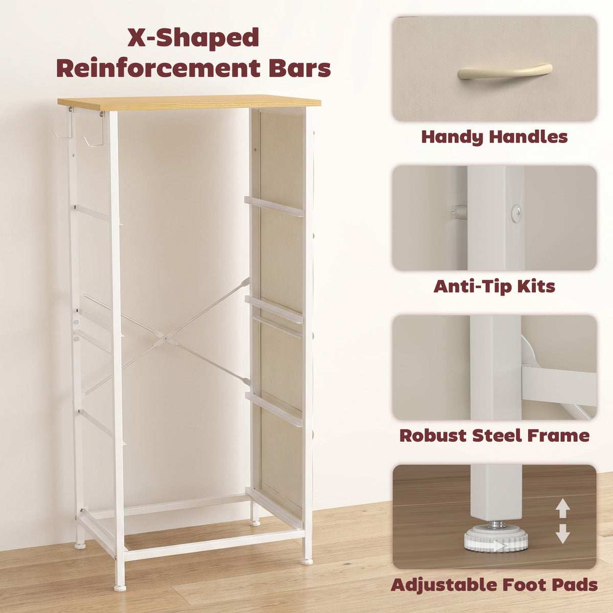 Chest of Drawers with 4 Fabric Drawers, Tall Storage Unit with 2 Hooks and Steel Frame for Bedroom, Beige