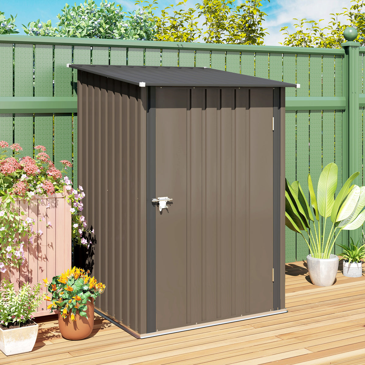 3.3 x 3.4ft Lean To Steel Garden Shed, with Locking Door - Brown