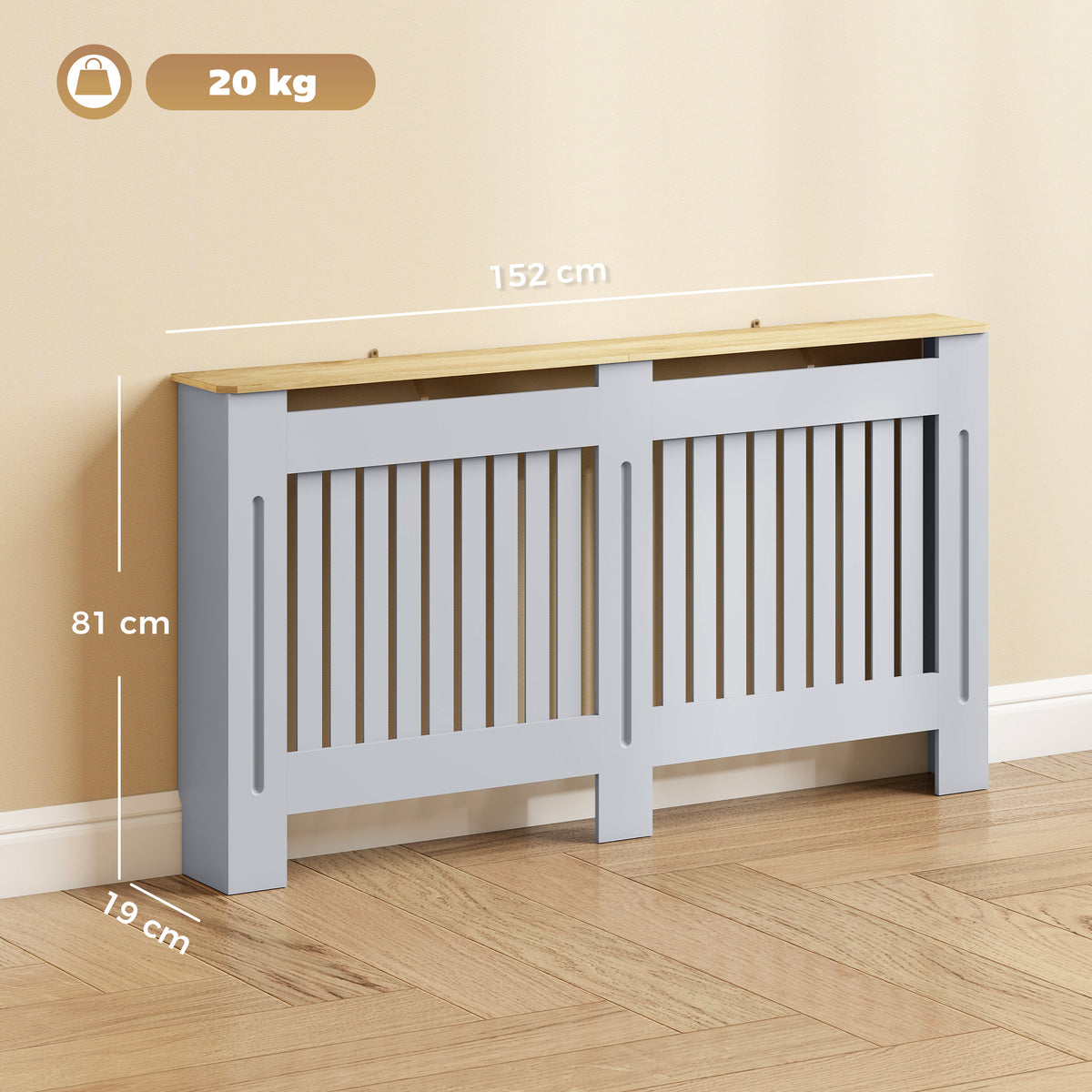 Slatted Radiator Cover, Painted Cabinet with Line Grill Design, 152W × 19D × 81H cm, Grey