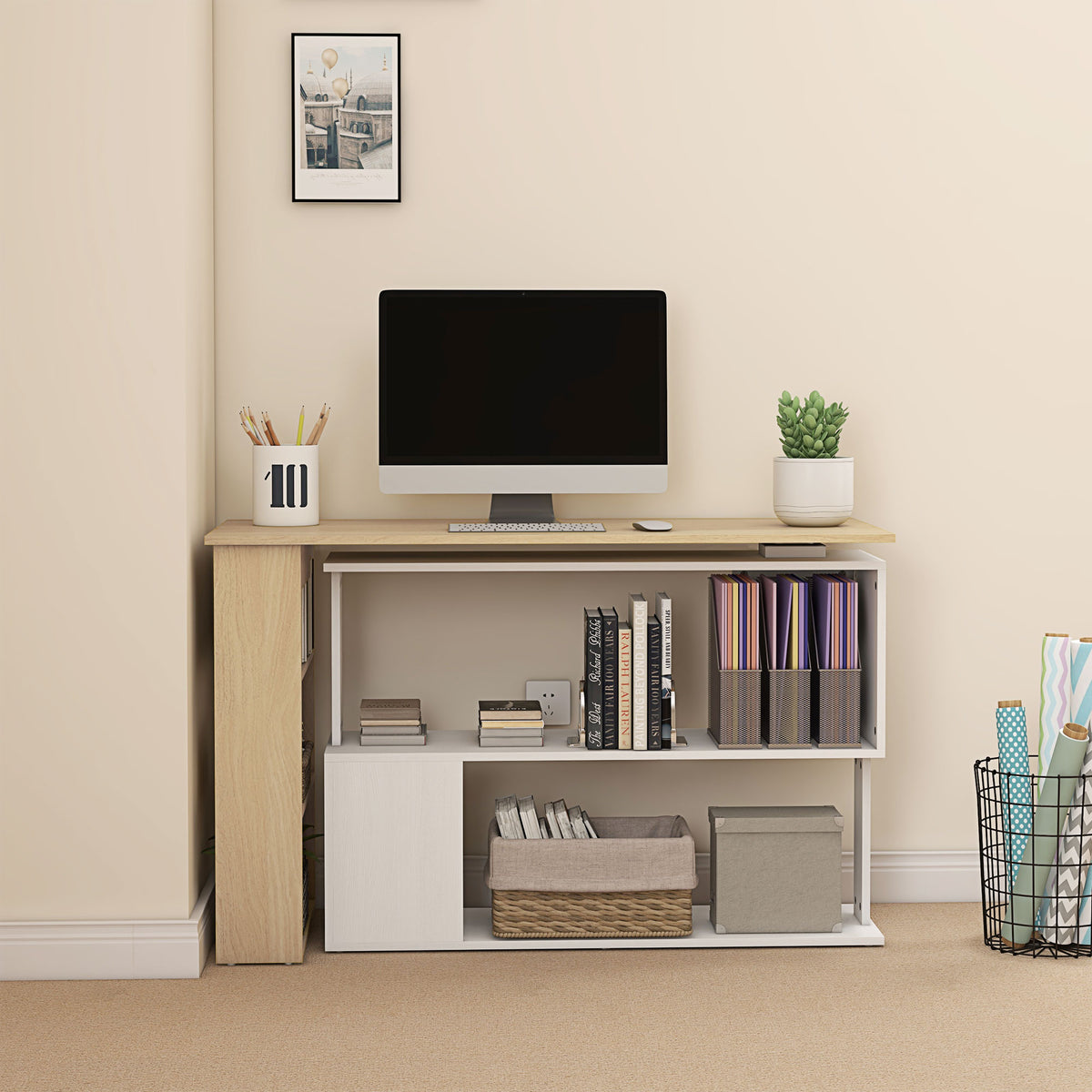 Corner Computer Desk, L Shaped Desk with 360° Rotating Bookshelf, 120L x 110W x 74.5H cm