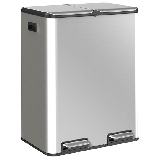 2 x 30L Double Kitchen Bin, Stainless Steel Pedal Rubbish Bin with Dual Compartments, Soft Close Lids, Silver Tone