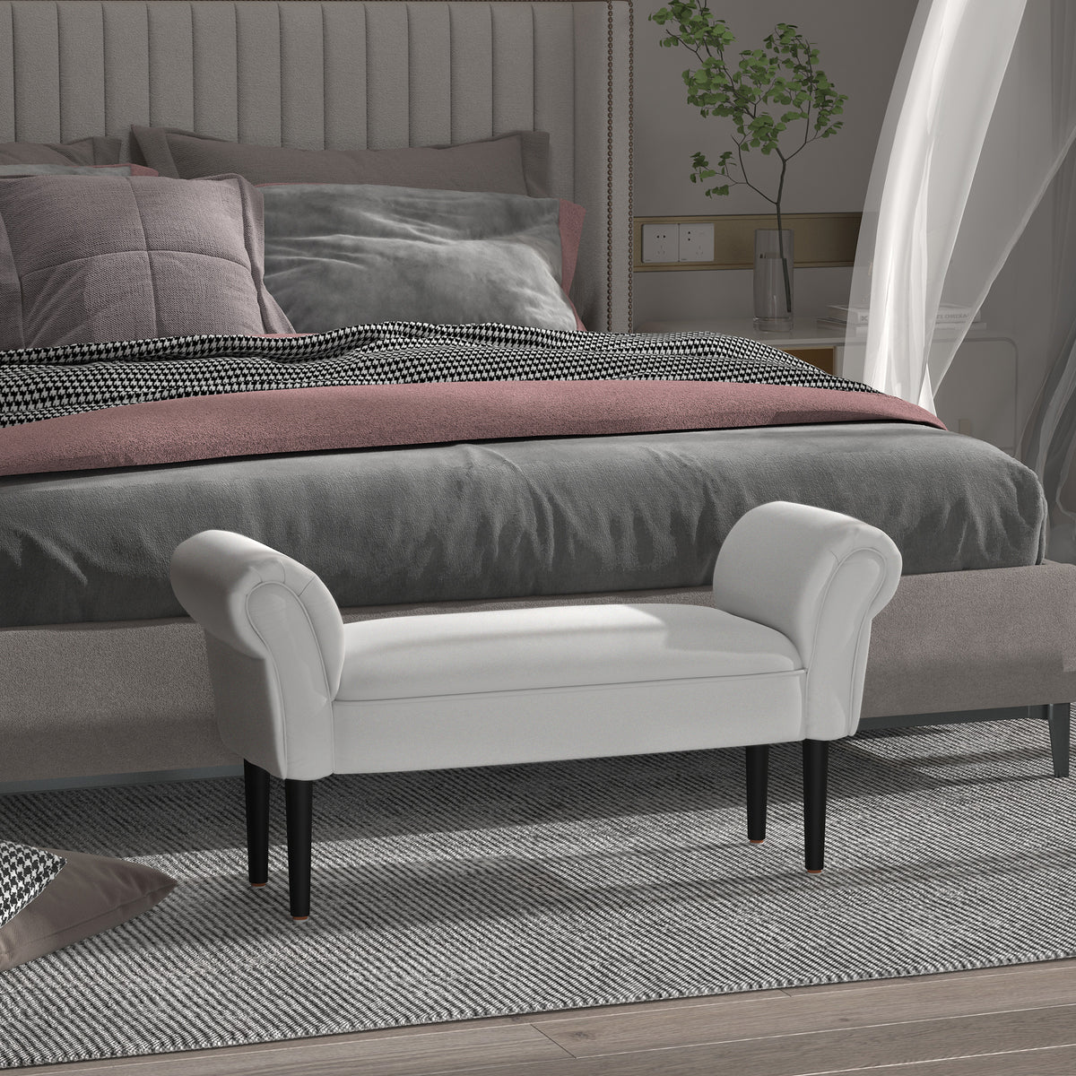 End of Bed Bench, Upholstered Window Seat with Arms and Wooden Legs, Modern Shoe Bench for Entryway, Living Room, Bedroom, Greyish White