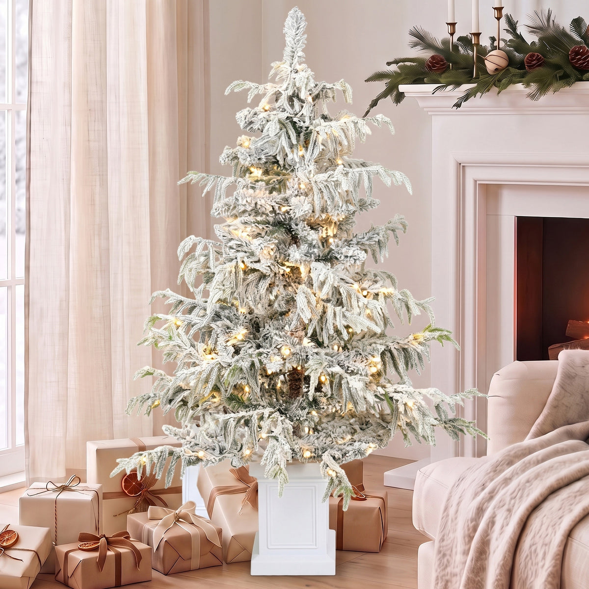 4ft Prelit Flocked Christmas Tree, Artificial Snow Flocked Spruce with 160 Warm White LED Lights, 8 Modes, Green