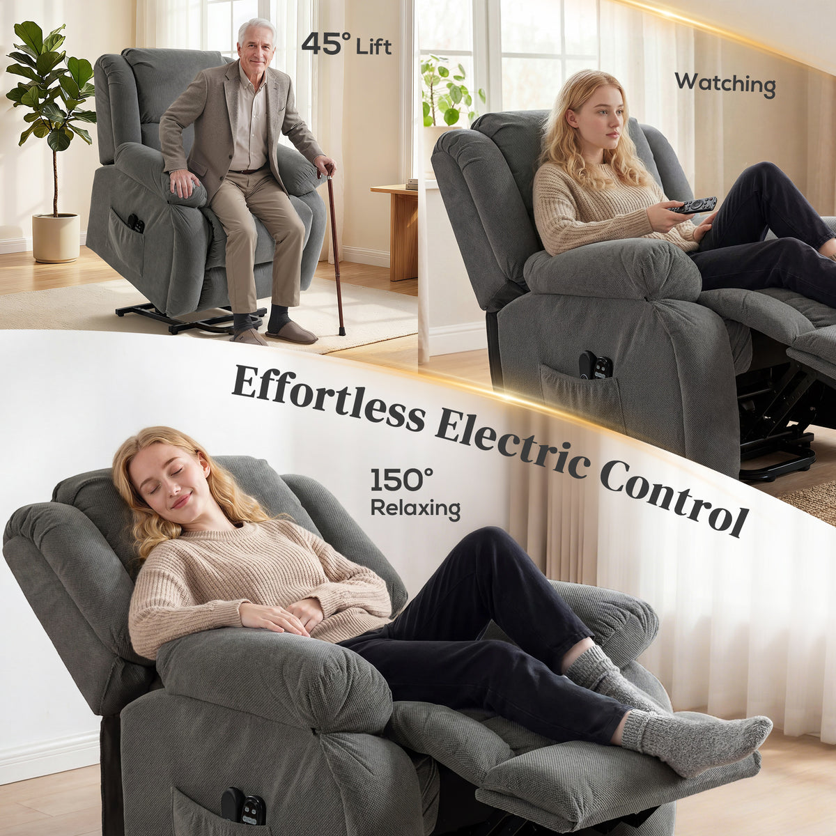 Recliner Armchair Lift Chair, Electric Recliner Chair with Vibration Massage and Heat, Wide Seat, USB Port, Grey